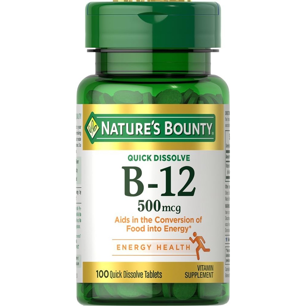 Nature's Bounty Vitamin B12 500mcg front view bottle with natural cherry flavor label.