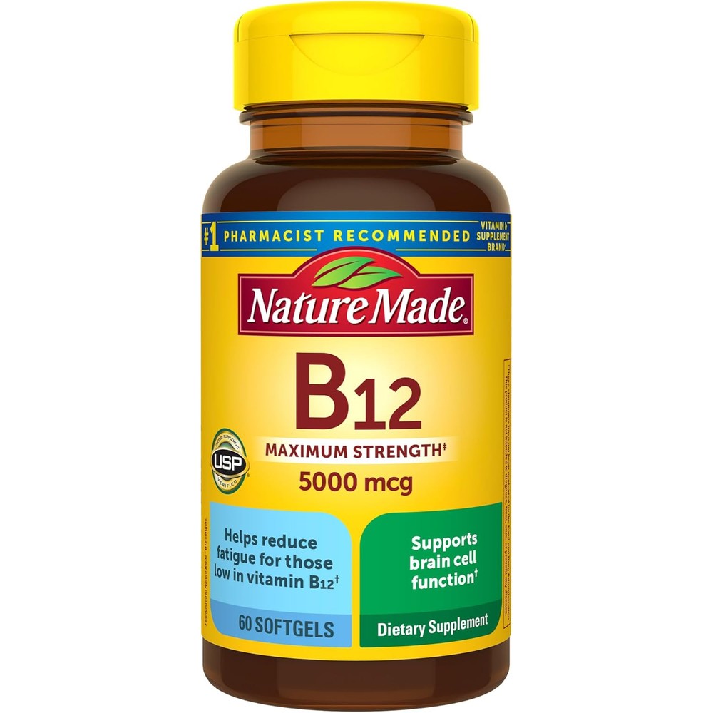 Nature Made Maximum Strength Vitamin B12 5000 mcg front view bottle for energy metabolism support