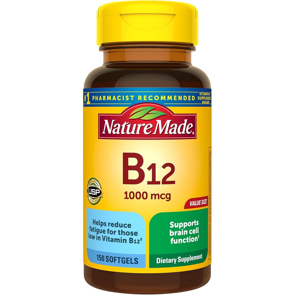 Nature Made Vitamin B12 1000 Micrograms bottle front view showing 150 softgels value size packaging