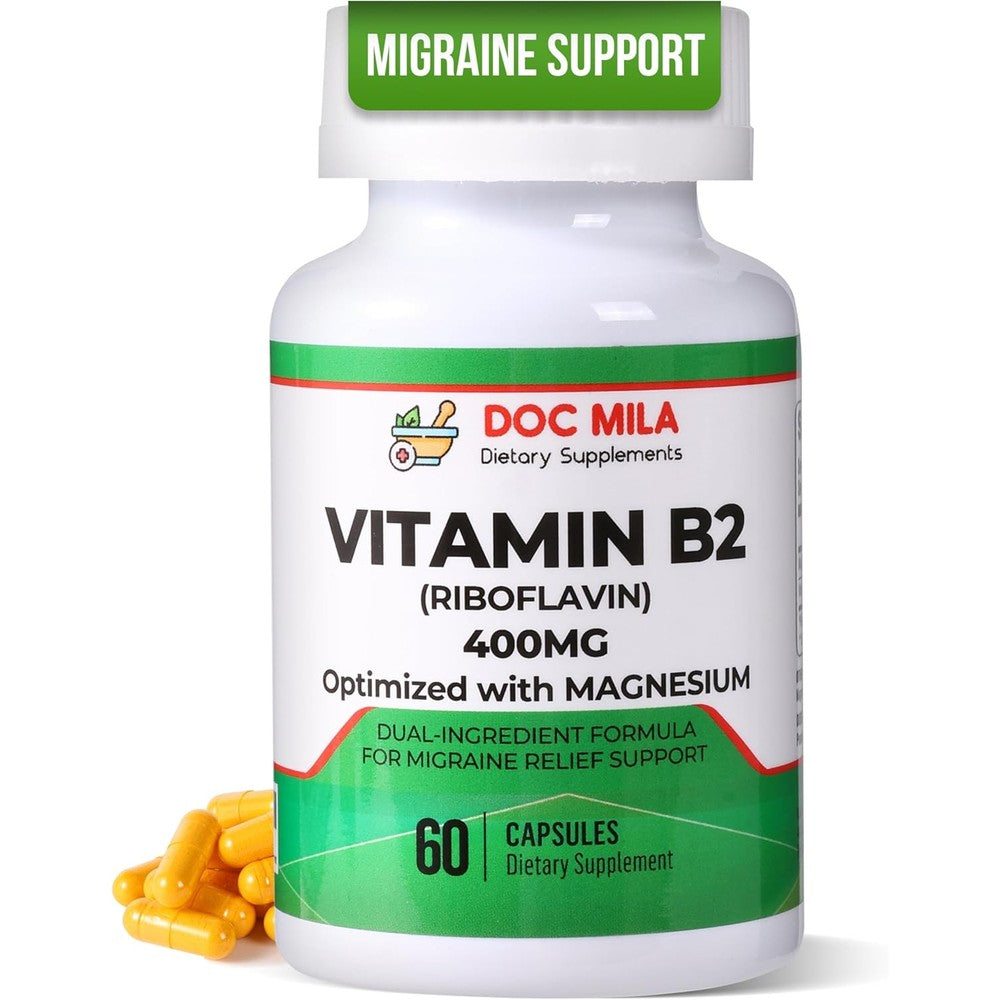 Doc Mila Vitamin B2 Riboflavin 400mg front bottle view for migraine relief