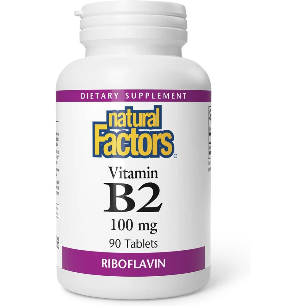 Natural Factors Vitamin B2 Riboflavin 100 mg 90 Tablets front bottle view showing vegan supplement labels