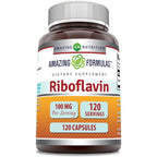 Amazing Nutrition Amazing Formulas Riboflavin 100 Milligrams 120 Capsules front view bottle showing product specifications.