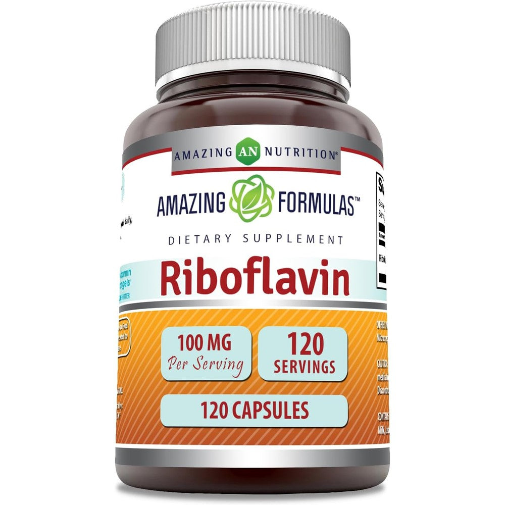 Amazing Nutrition Amazing Formulas Riboflavin 100 Milligrams 120 Capsules front view bottle showing product specifications.