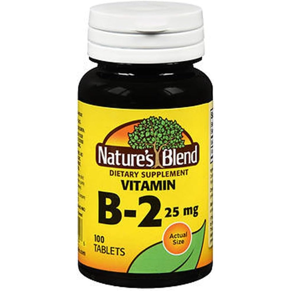 Nature's Blend Vitamin B2 25 mg 100 tablets front view bottle showing authentic USA energy supplement packaging