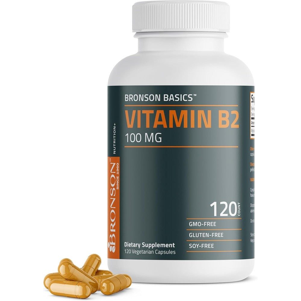 Bronson Basics Vitamin B2 Riboflavin 100mg bottle front view premium imported supplement