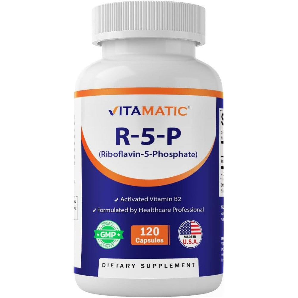 Vitamatic R5P Riboflavin 5 Phosphate Vitamin B2 50mg front bottle label view active vitamin b2 supplement