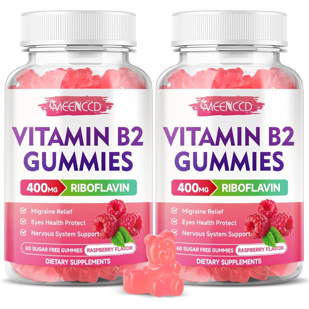 MEENCCD Vitamin B2 and Magnesium Gummies front bottle view showcasing authentic USA imported packaging for migraine relief