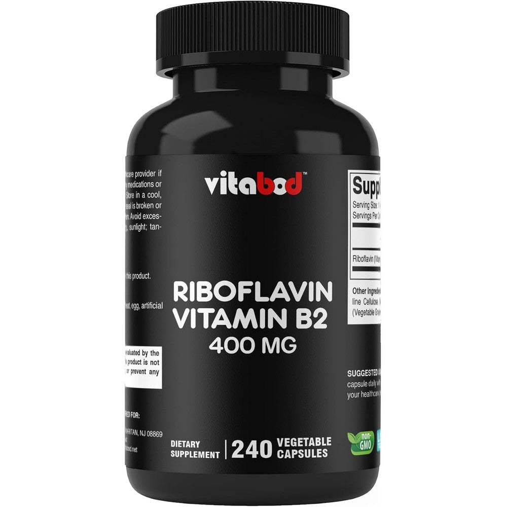 Vitabod Vitamin B2 400mg front bottle label showing 240 vegetarian capsules for energy support