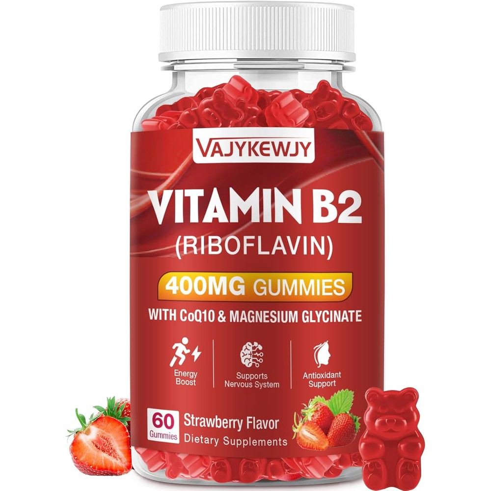 VAJYKEWJY Vitamin B2 Riboflavin 400mg Gummies front view of bottle packaging