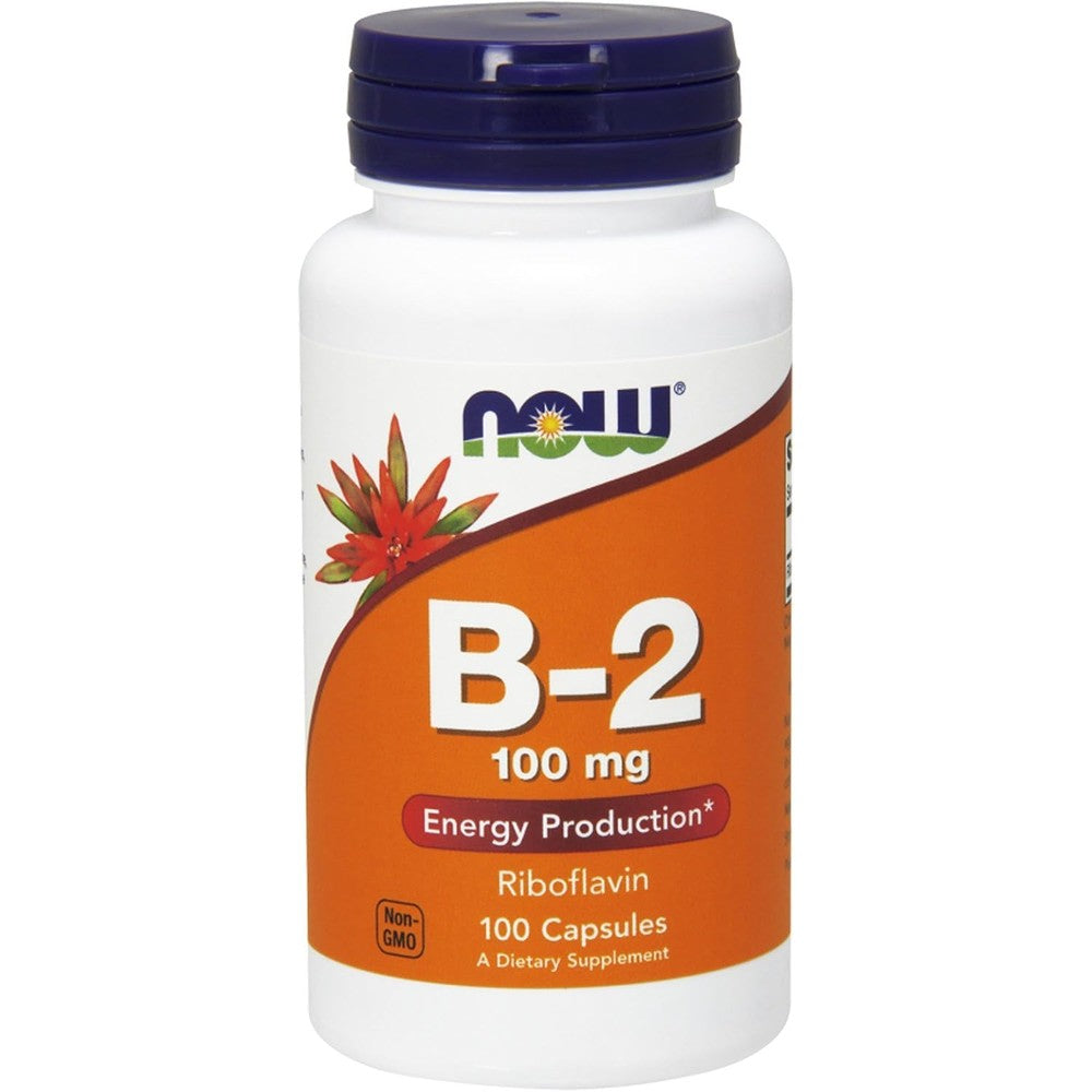 NOW Foods Vitamin B2 Riboflavin 100 Milligrams bottle front view showing product labels and vegetarian capsules quantity