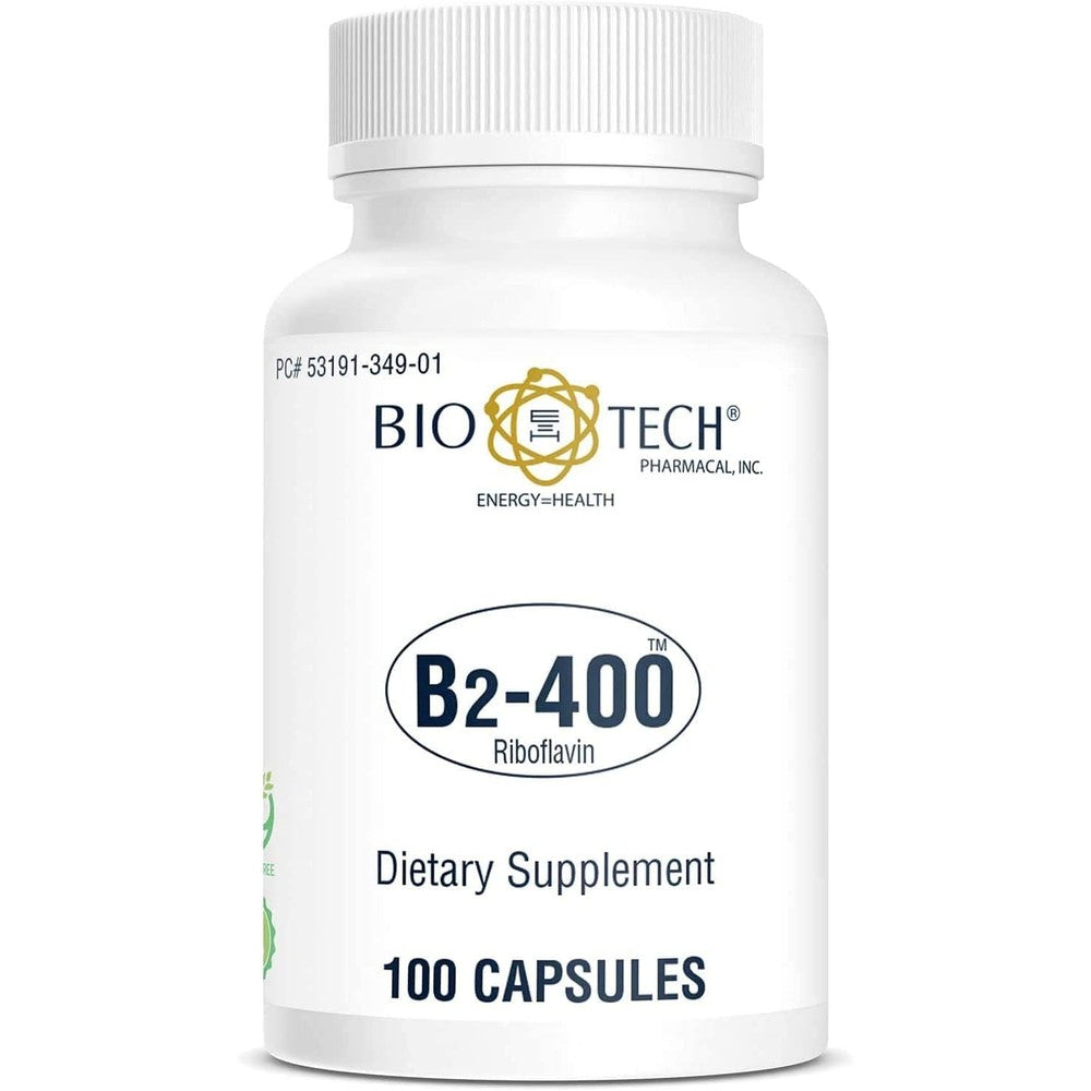Bio-Tech Pharmacal B2 400 Riboflavin 100 capsules front view bottle showing product labeling