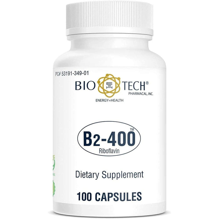 Bio-Tech Pharmacal B2 400 Riboflavin 100 capsules front view bottle showing product labeling