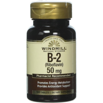 Windmill Vitamin B2 50 mg Riboflavin 100 Tablets front bottle view