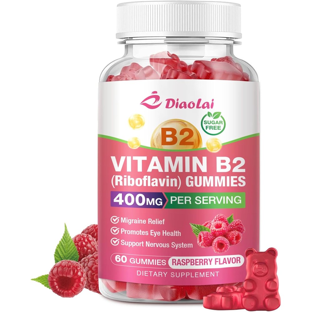Meenccd Diaolai Vitamin B2 Gummies front view showcasing authentic USA imported packaging for migraine relief.