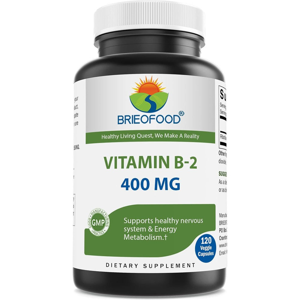 Brieofood Vitamin B2 Riboflavin 400 mg 120 veggie capsules front bottle view