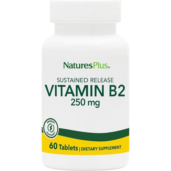 NaturesPlus Vitamin B2 250 mg 60 Sustained Release Tablets front view showing packaging