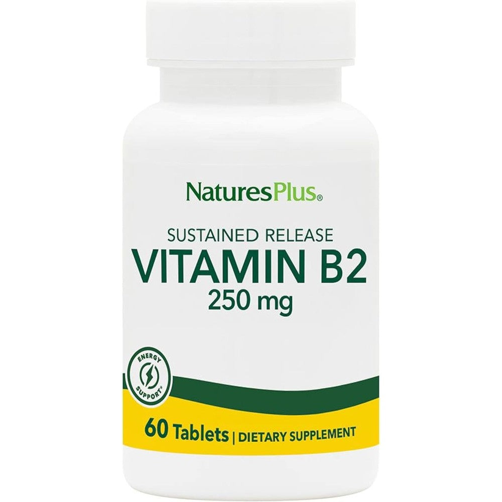 NaturesPlus Vitamin B2 250 mg 60 Sustained Release Tablets front view showing packaging