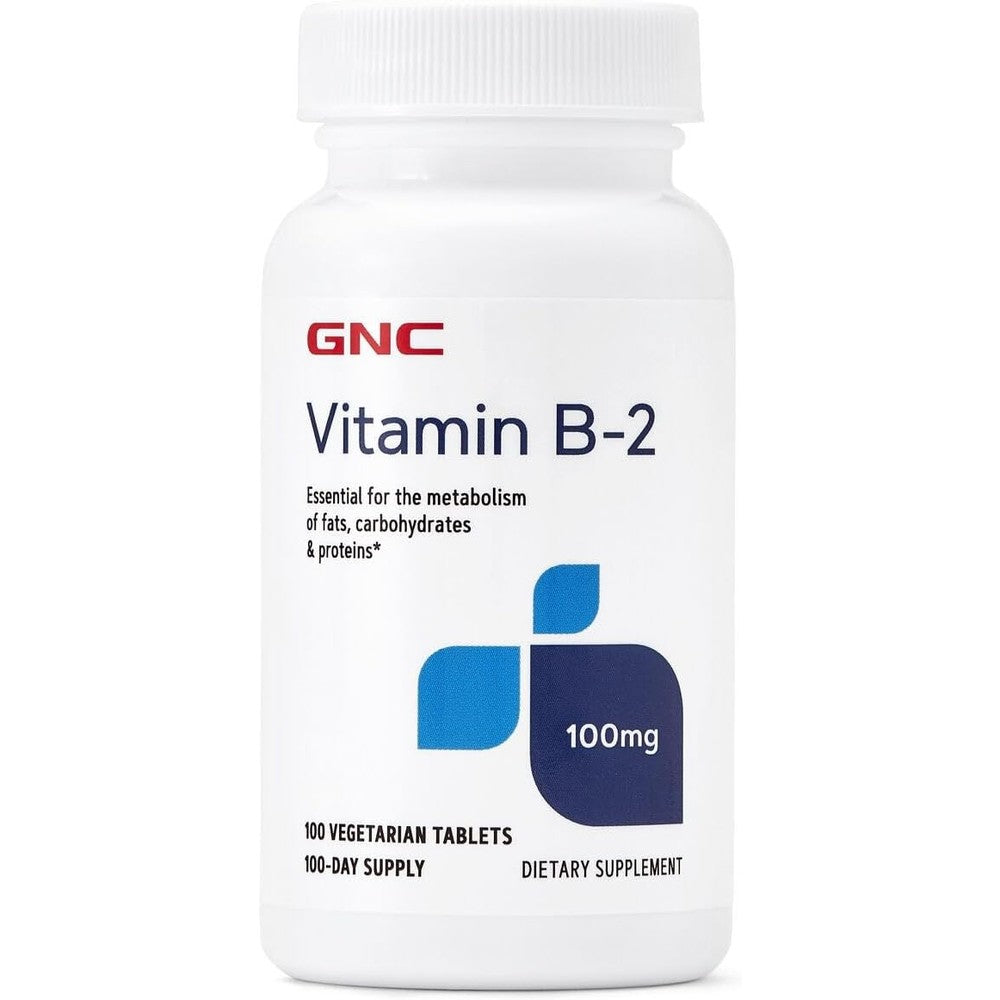 GNC Vitamin B2 100mg front label view showing one hundred vegetarian tablets packaging