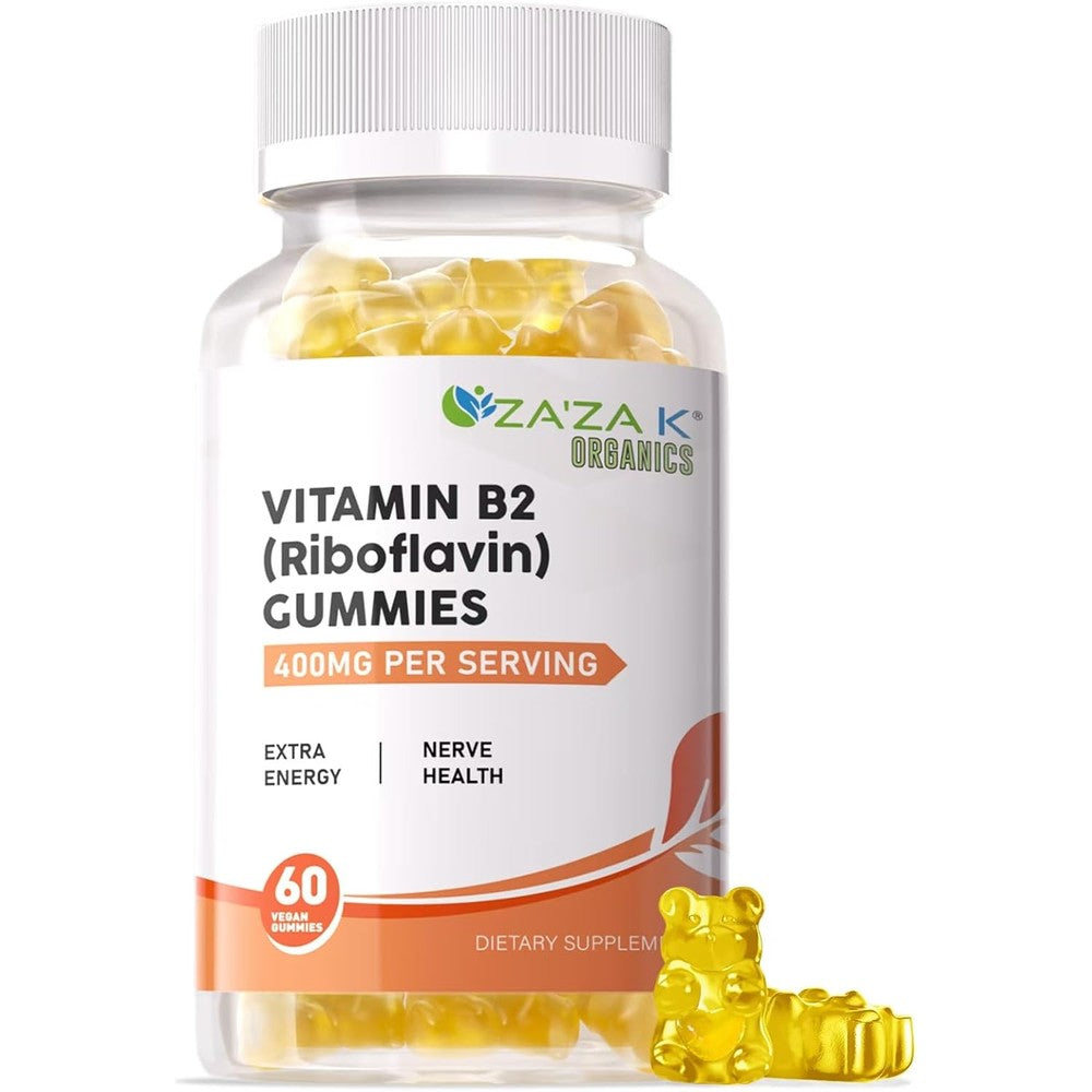 Za'za K Organics Vitamin B2 Gummies front view bottle for premium nerve health support.