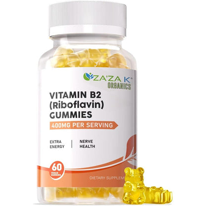 Za'za K Organics Vitamin B2 Gummies front view bottle for premium nerve health support.