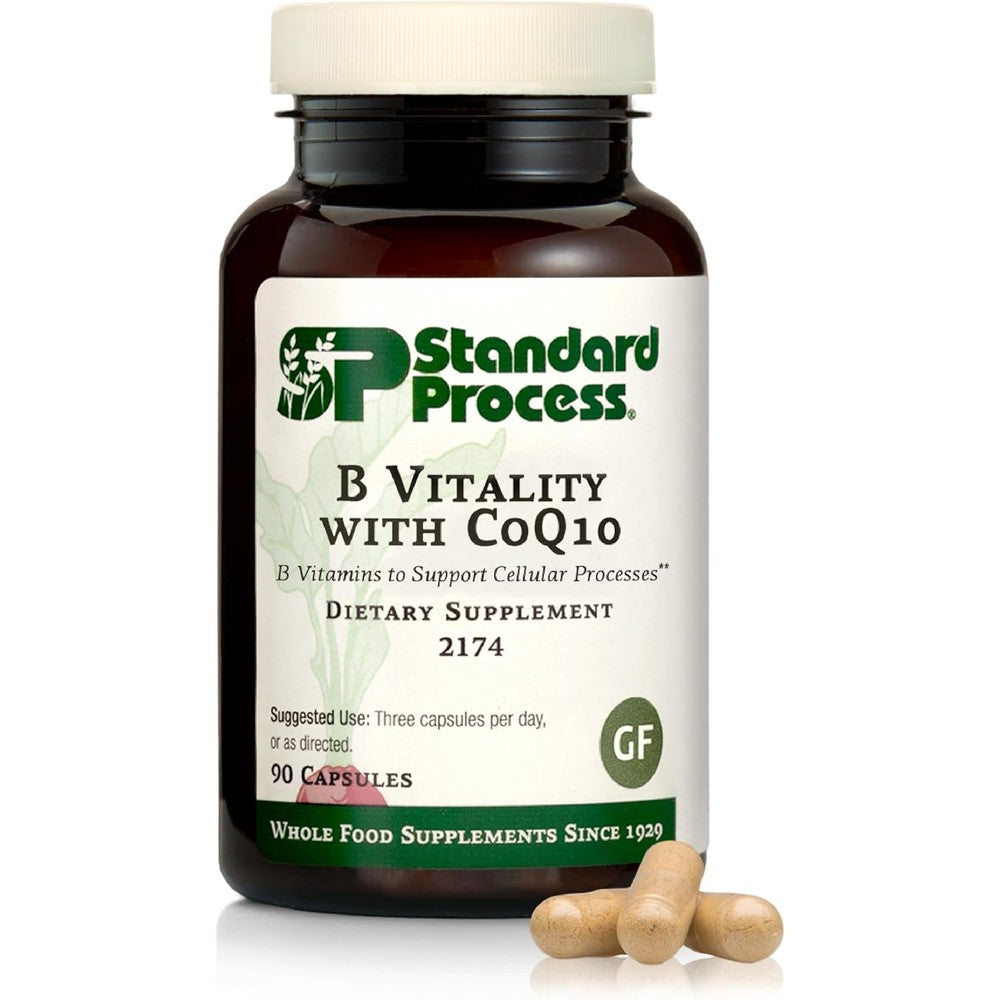 Standard Process B Vitality with CoQ10 90 vegan capsules front bottle view for authentic cellular health supplements.