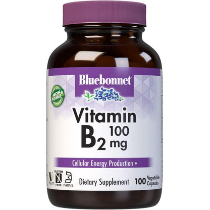 Bluebonnet Nutrition Vitamin B2 100 mg front view bottle for cellular energy support