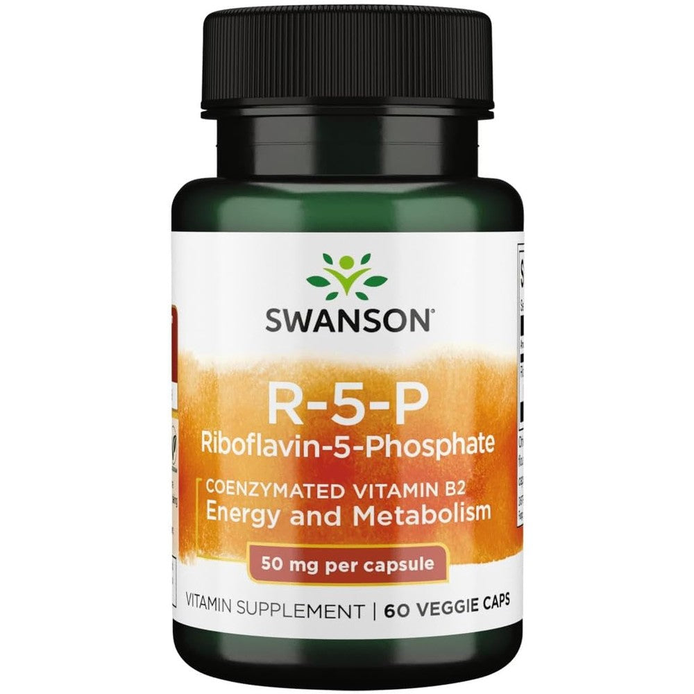 Swanson R-5-P Riboflavin Vitamin B2 50 Milligrams front label view for active metabolism supplement