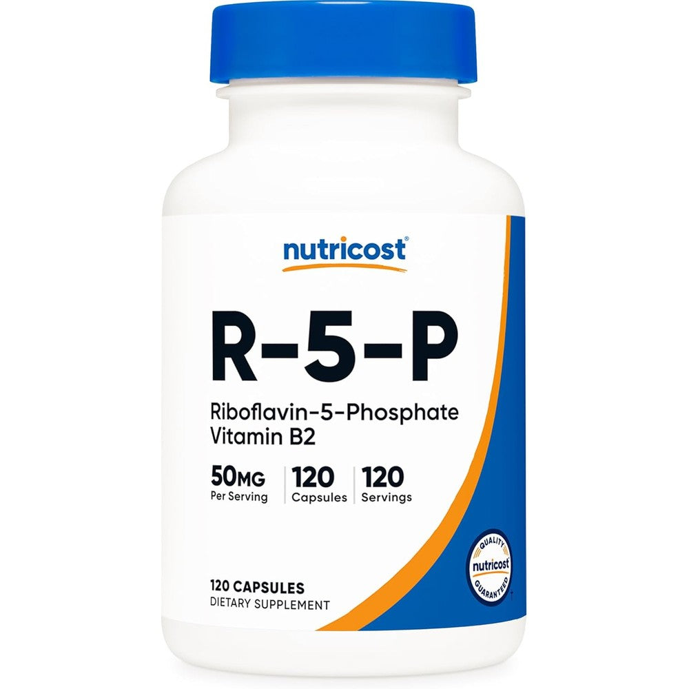 Nutricost R-5-P Riboflavin 5 Phosphate Vitamin B2 120 capsules front view packaging showing brand name and dosage strength