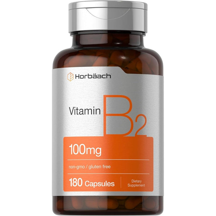 Horbäach Vitamin B2 100mg front view bottle for energy support
