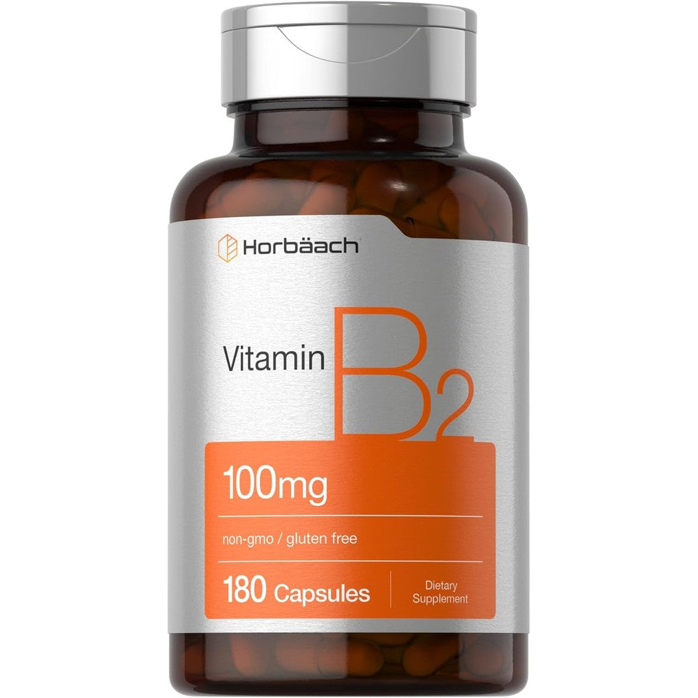 Horbäach Vitamin B2 100mg front view bottle for energy support