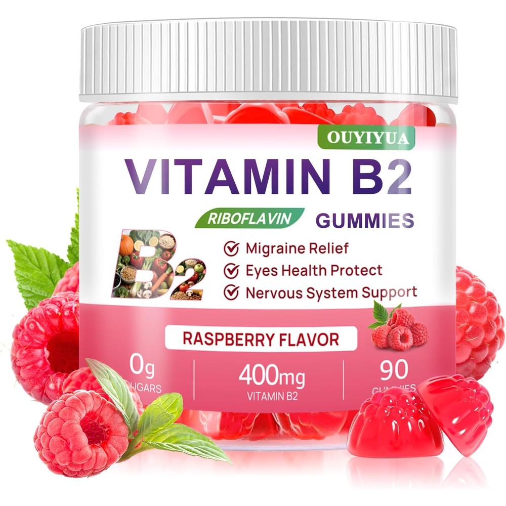 OUYIYUA Vitamin B2 Riboflavin 400mg with Magnesium ninety gummies bottle front view for migraine relief