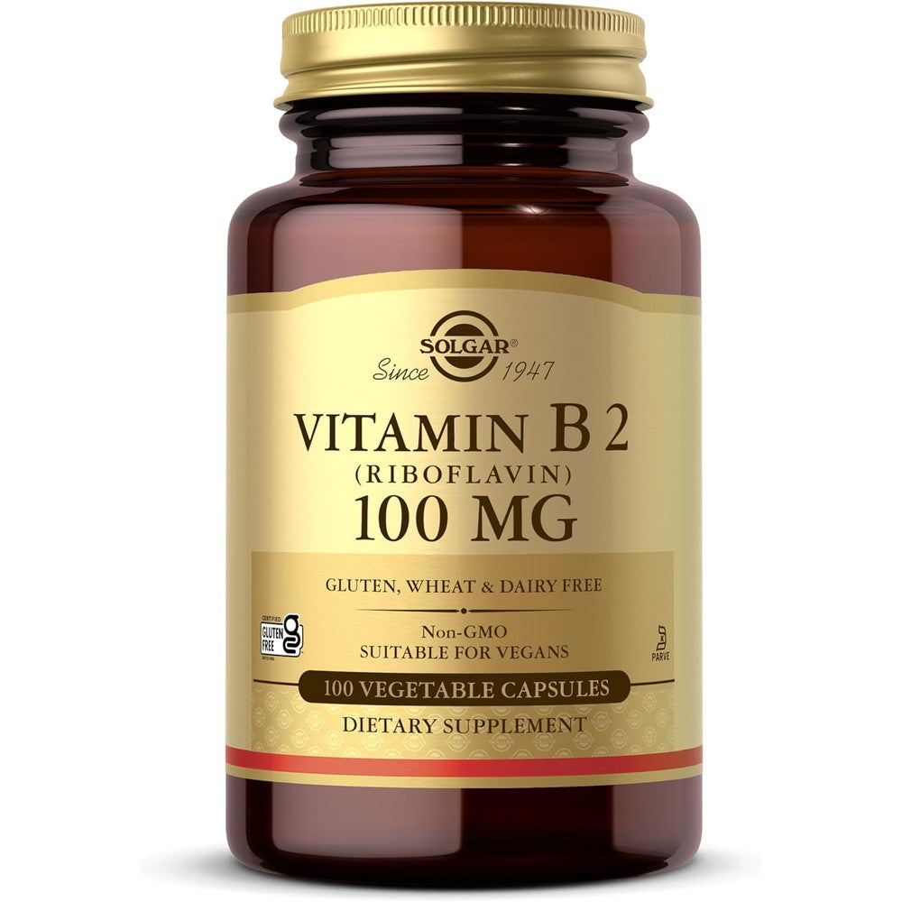 Solgar Vitamin B2 Riboflavin 100mg front view bottle for energy metabolism support