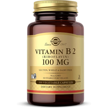 Solgar Vitamin B2 Riboflavin 100mg front view bottle for energy metabolism support