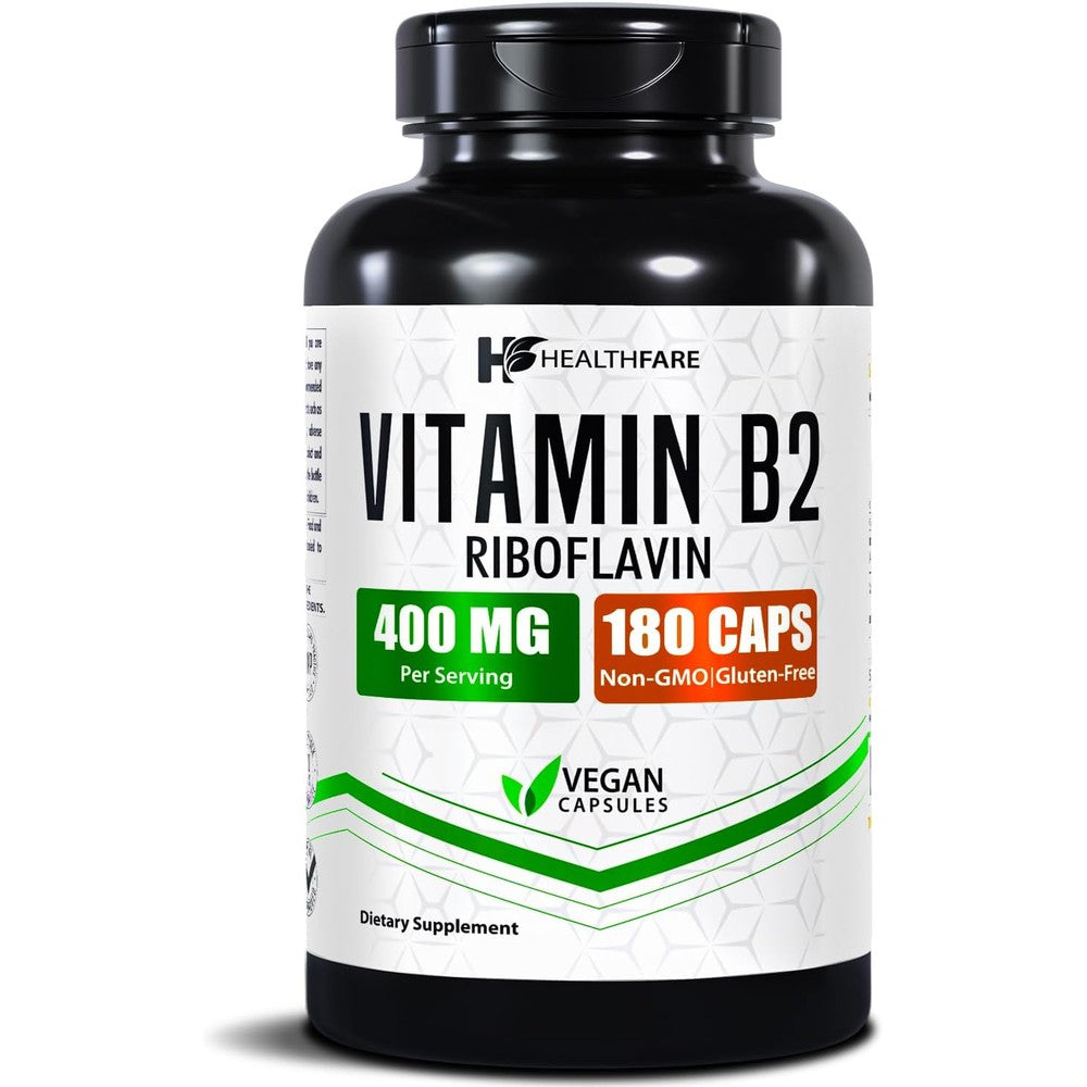 HealthFare Vitamin B2 Riboflavin 400 mg bottle front view showing 180 vegan capsules text