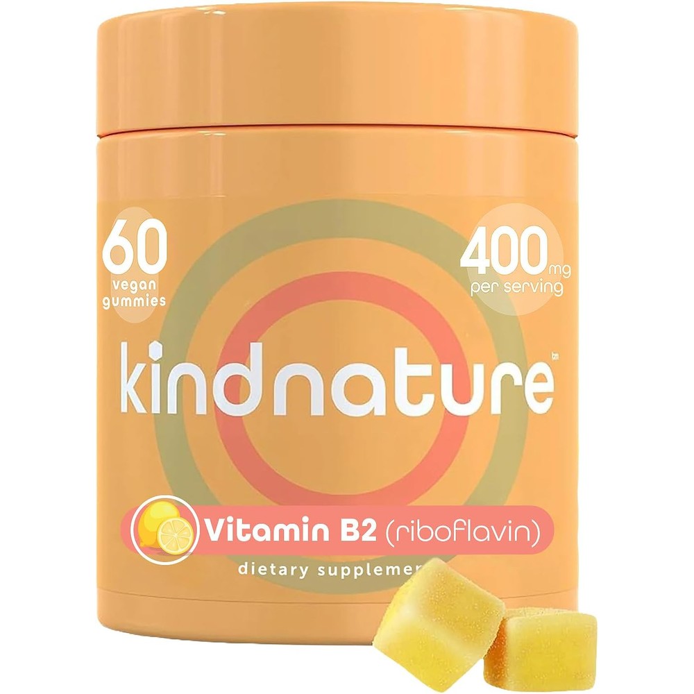 Kindnature Vitamin B2 Riboflavin 400 mg 60 Vegan Gummies front bottle view for migraine relief