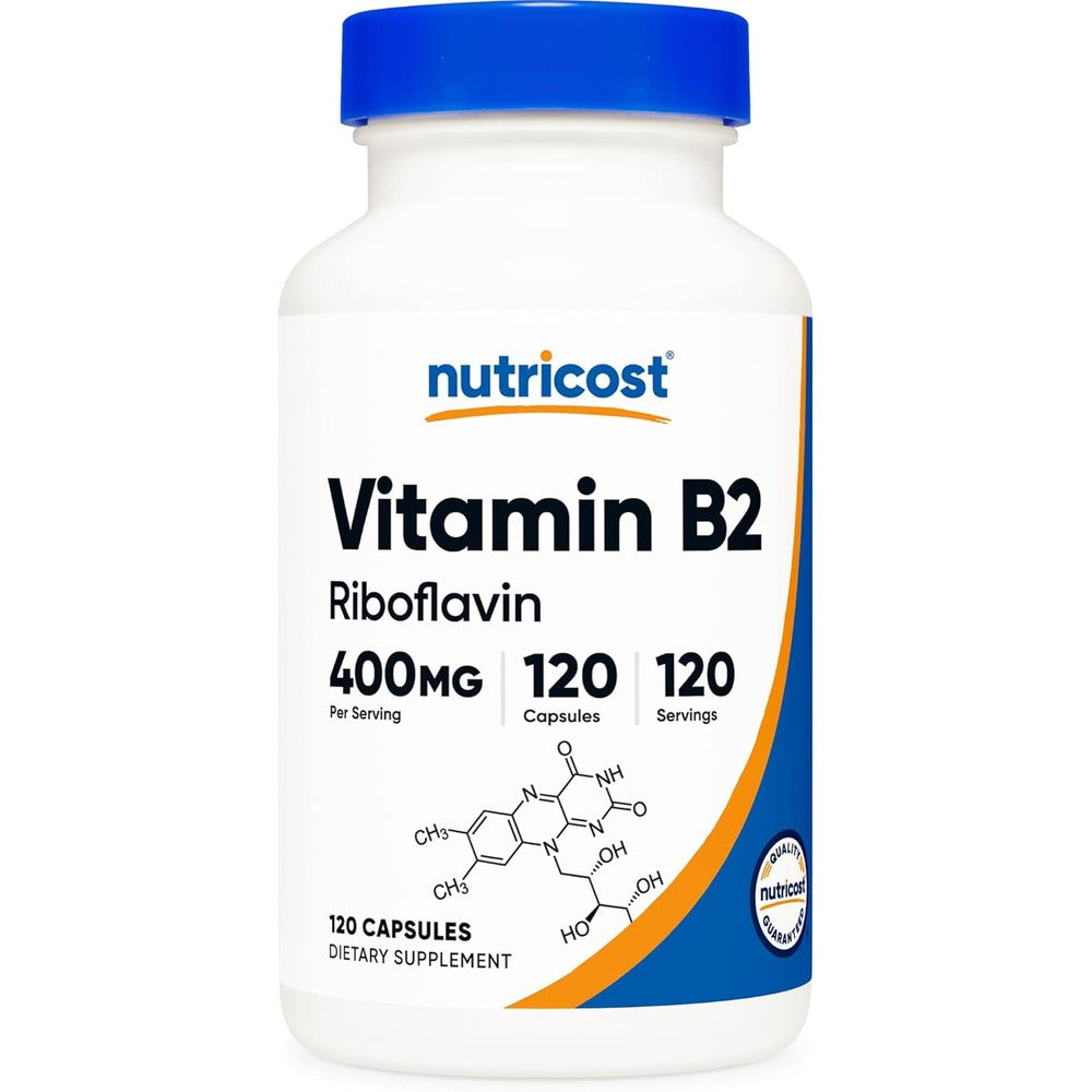 Nutricost Vitamin B2 Riboflavin 400 Milligrams front view bottle on white background