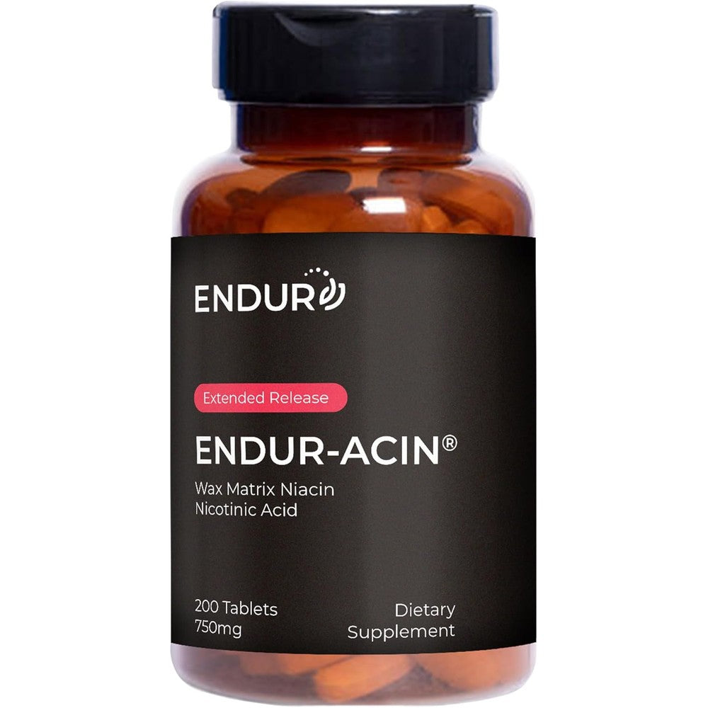Endurance Products ENDUR-ACIN Niacin 750 Milligrams 200 Tablets front view bottle for cholesterol support.