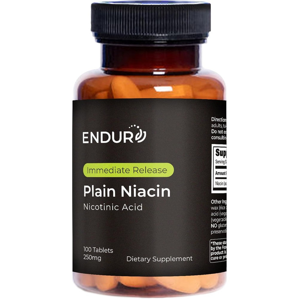 Endurance Products Endur Plain Niacin 250 Milligrams bottle front view showing immediate release vitamin B3 details