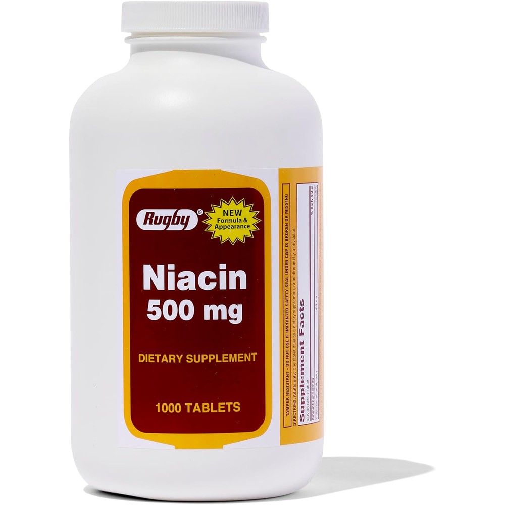 Rugby Laboratories Niacin 500 mg 1000 tablets front view bottle for cardiovascular health supplement