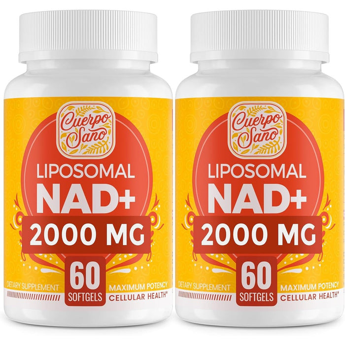 Cuerpo Sano Liposomal NAD Supplement front view showing the product bottle layout for high potency aging defense
