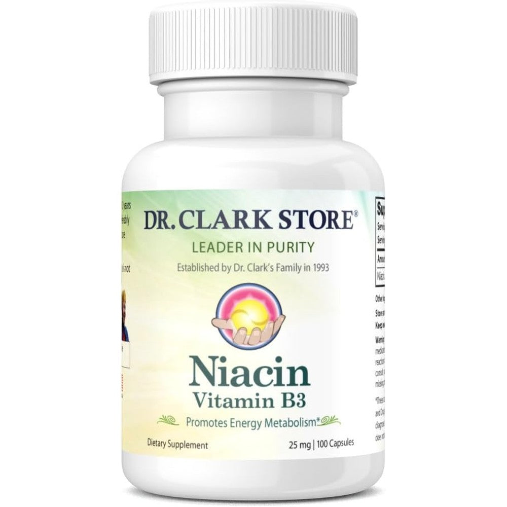 Dr. Clark Store Niacin Vitamin B3 25 milligrams supplement bottle front view