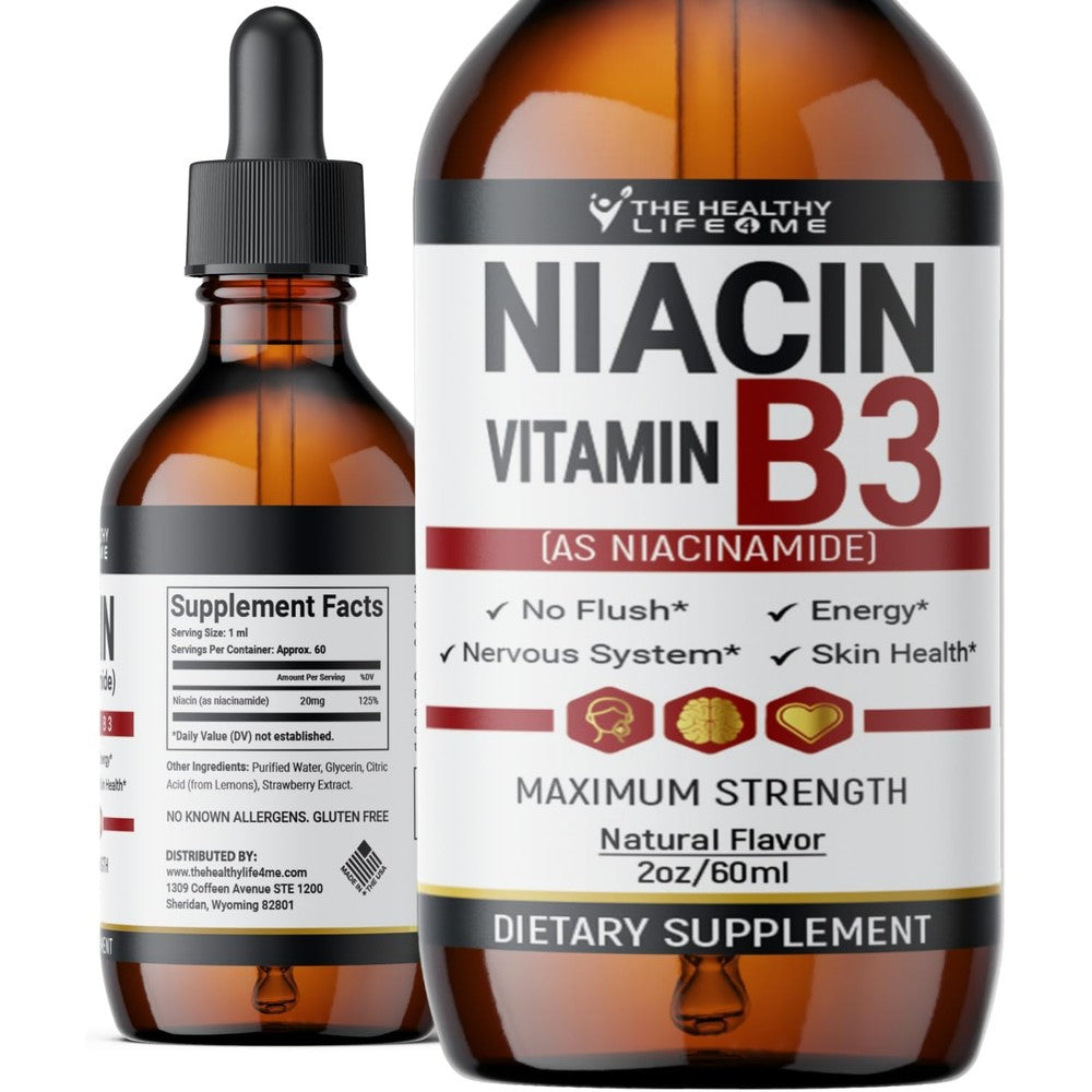 The Healthy Life 4 ME Niacinamide Liquid Vitamin B3 2 fluid ounce bottle front view showcasing the premium flush-free dietary supplement.
