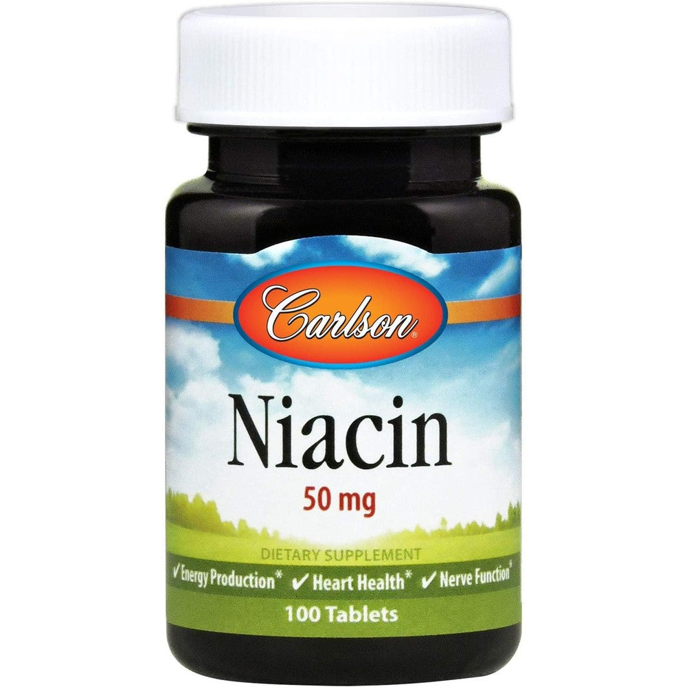 Carlson Niacin Vitamin B3 50 mg front view bottle for cardiovascular health support.