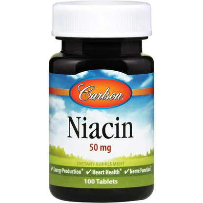 Carlson Niacin Vitamin B3 50 mg front view bottle for cardiovascular health support.
