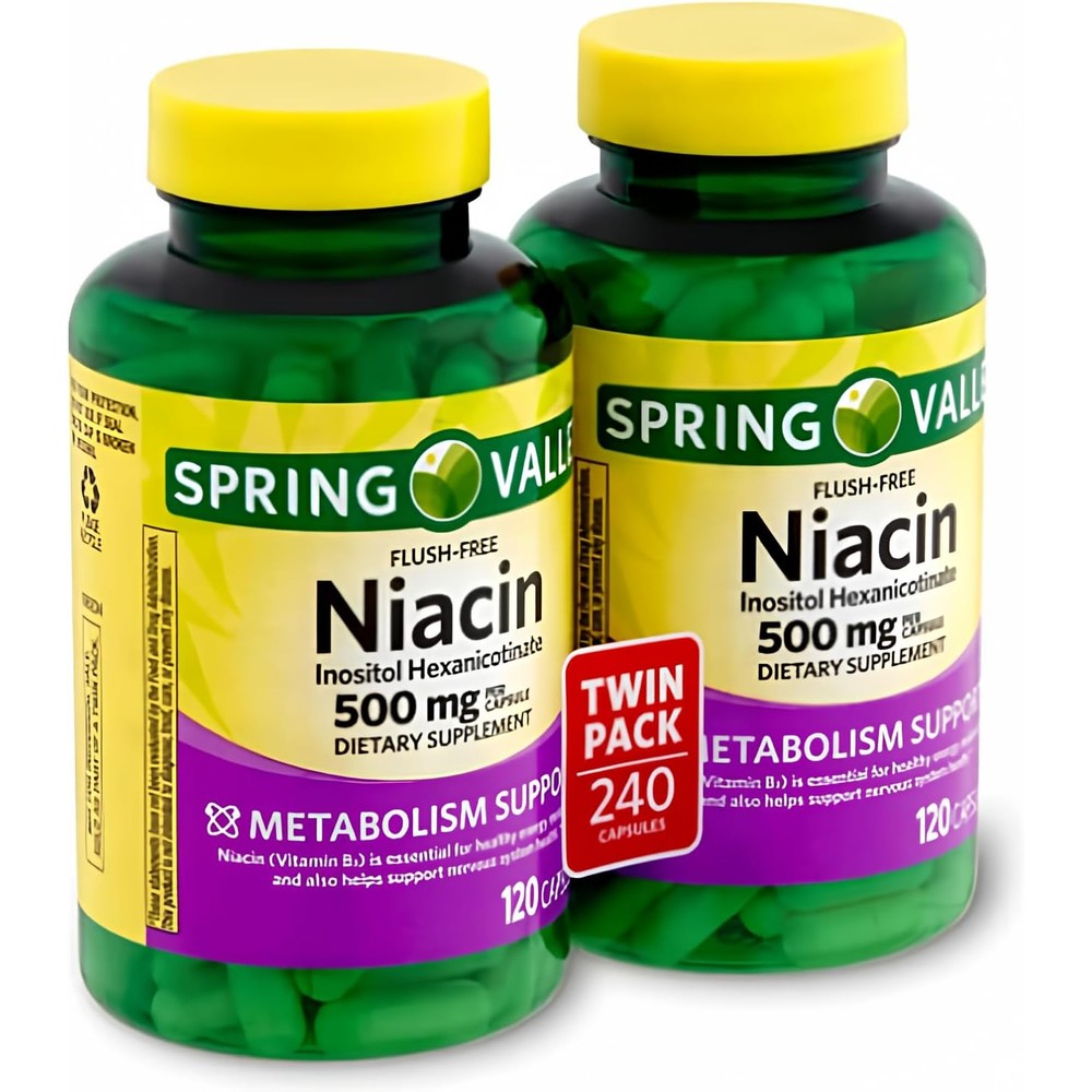 Decatela Spring Valley Flush Free Niacin 500 mg 240 capsules front view bottle dietary supplement for metabolism support