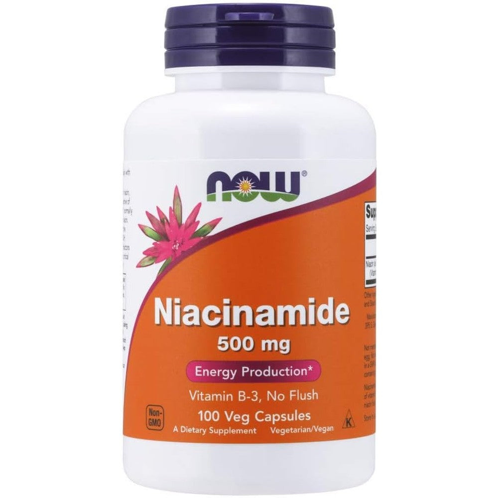 NOW Foods Niacinamide 500mg bottle front view showing cellular energy support label
