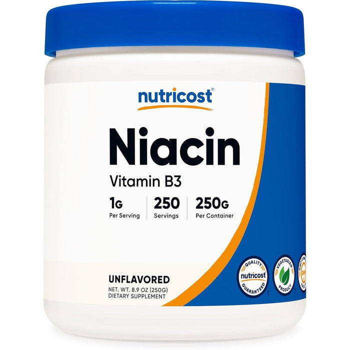 Nutricost Niacin Vitamin B3 Powder 250 Grams front view container for cardiovascular health