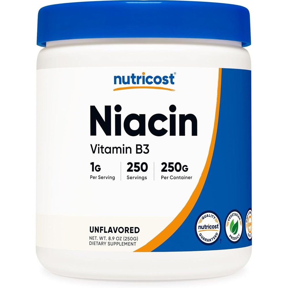Nutricost Niacin Vitamin B3 Powder 250 Grams front view container for cardiovascular health