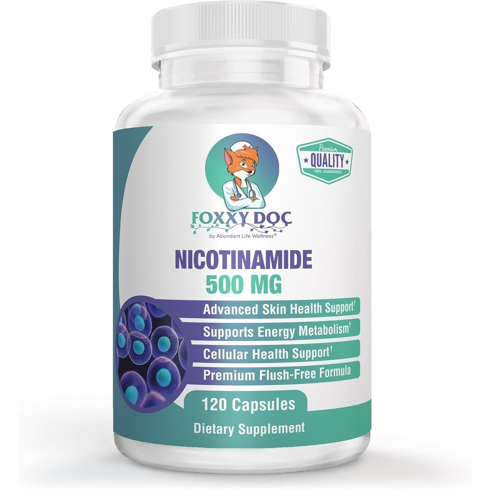 Dr. Valerie Nelson Nicotinamide five hundred milligrams supplement front bottle view for skin health.