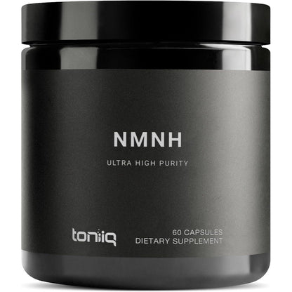 Toniiq NMNH supplement bottle front view demonstrating authentic anti aging dietary support packaging.